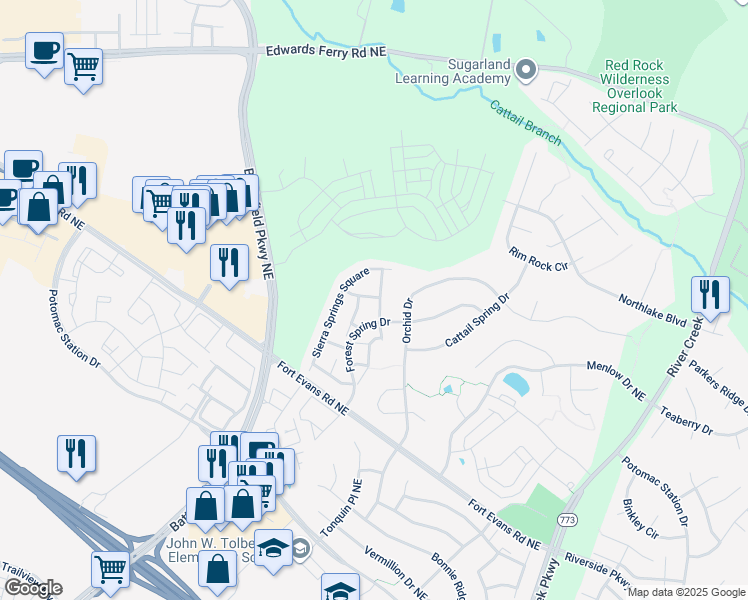 map of restaurants, bars, coffee shops, grocery stores, and more near 18447 Montview Square in Leesburg