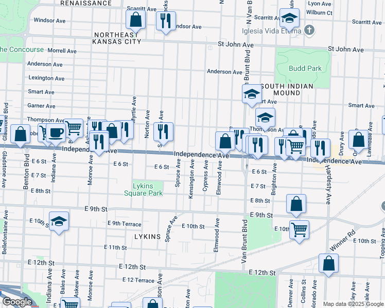 map of restaurants, bars, coffee shops, grocery stores, and more near Independence Avenue & Kensington Avenue in Kansas City