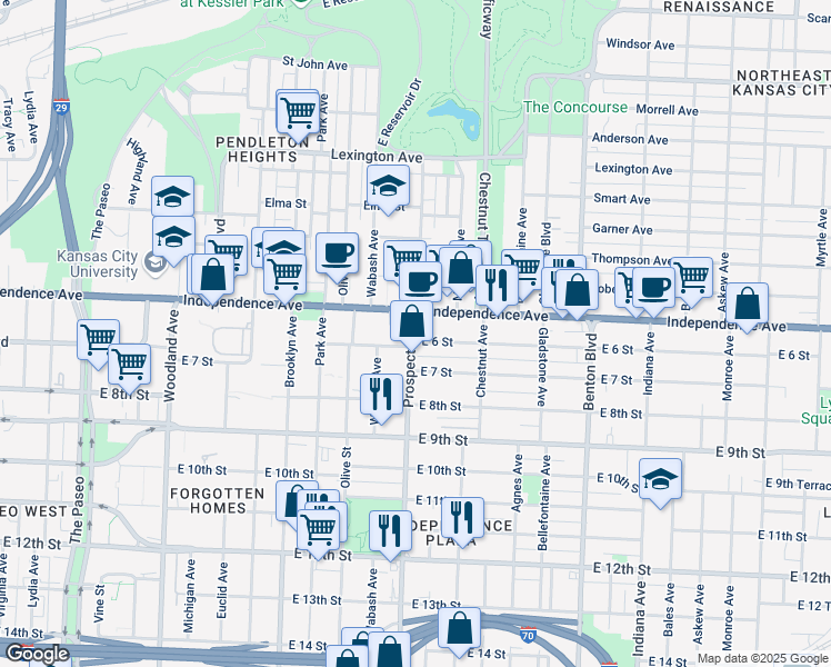 map of restaurants, bars, coffee shops, grocery stores, and more near 617 Prospect Avenue in Kansas City
