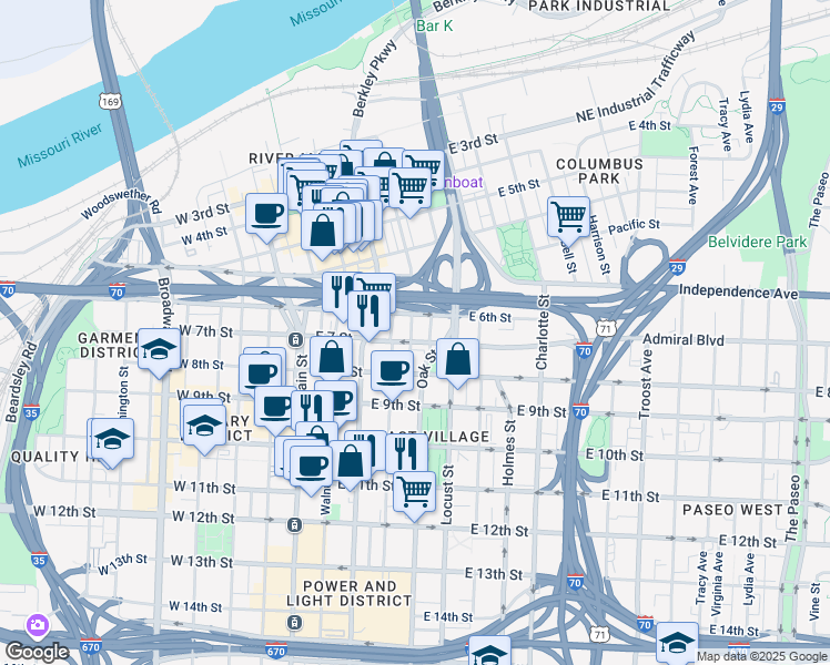 map of restaurants, bars, coffee shops, grocery stores, and more near 702 Oak Street in Kansas City