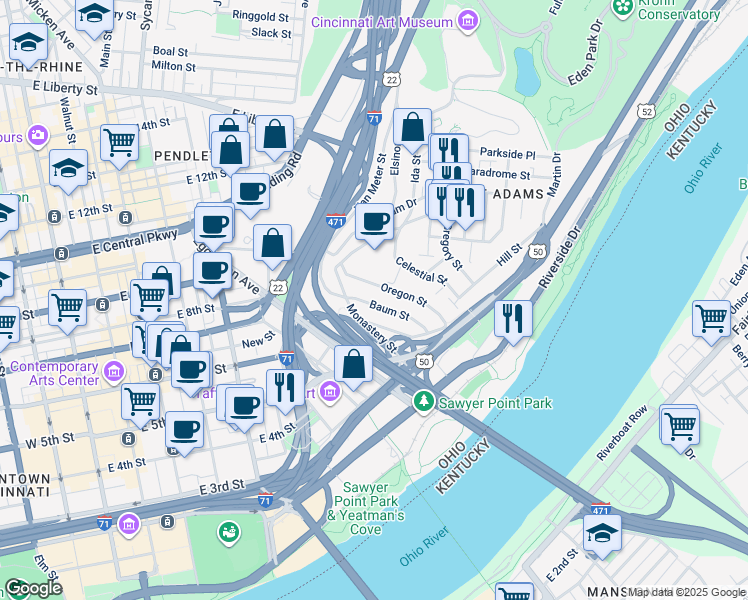 map of restaurants, bars, coffee shops, grocery stores, and more near 396 Baum Street in Cincinnati