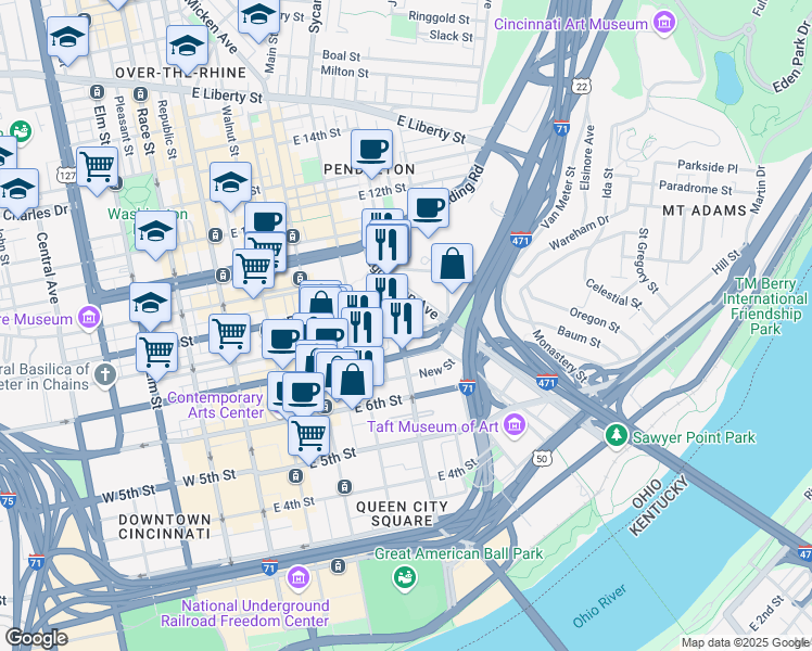 map of restaurants, bars, coffee shops, grocery stores, and more near 800 Broadway Street in Cincinnati