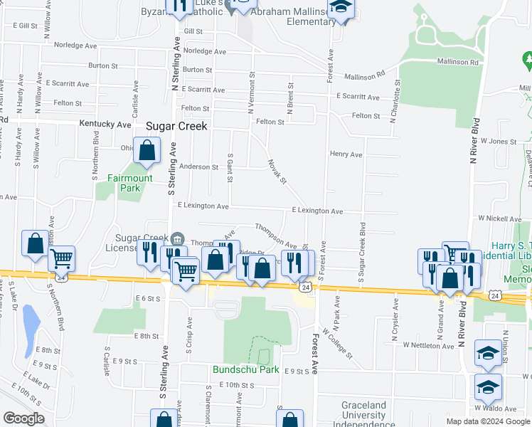 map of restaurants, bars, coffee shops, grocery stores, and more near 11531 East Lexington Avenue in Sugar Creek