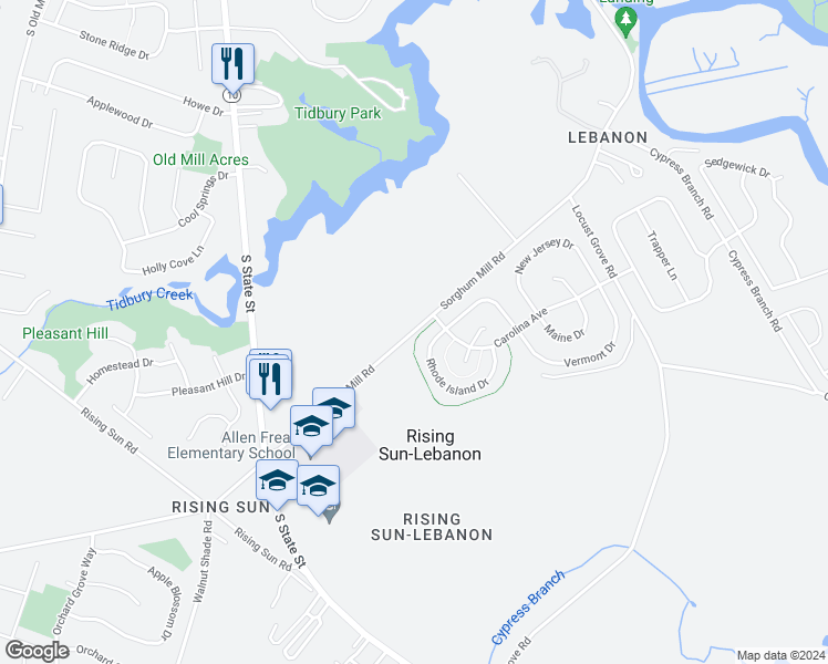 map of restaurants, bars, coffee shops, grocery stores, and more near 4010A Rhode Island Drive in Dover