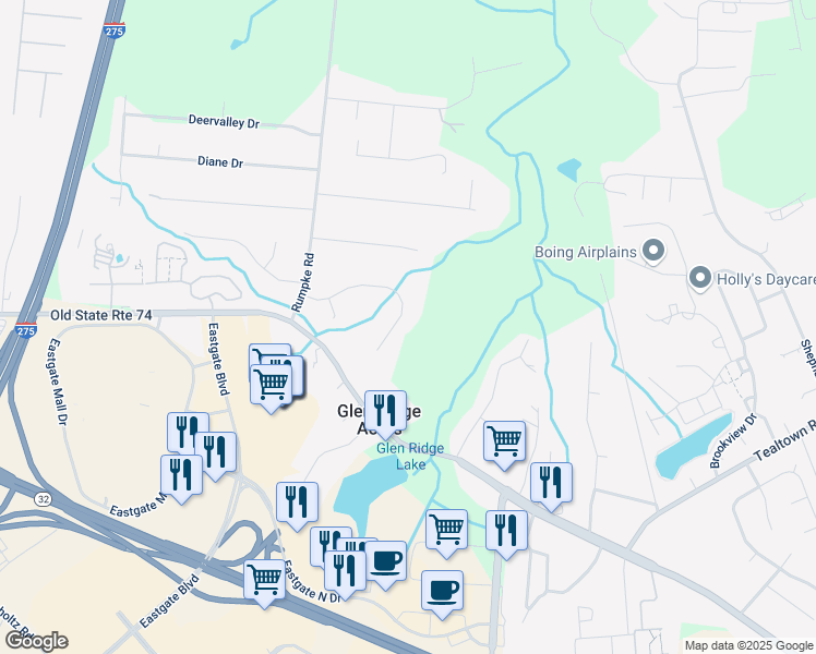 map of restaurants, bars, coffee shops, grocery stores, and more near 912 Tall Trees Drive in Cincinnati
