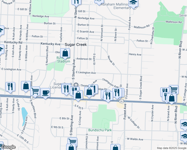 map of restaurants, bars, coffee shops, grocery stores, and more near 11421 East Lexington Avenue in Sugar Creek