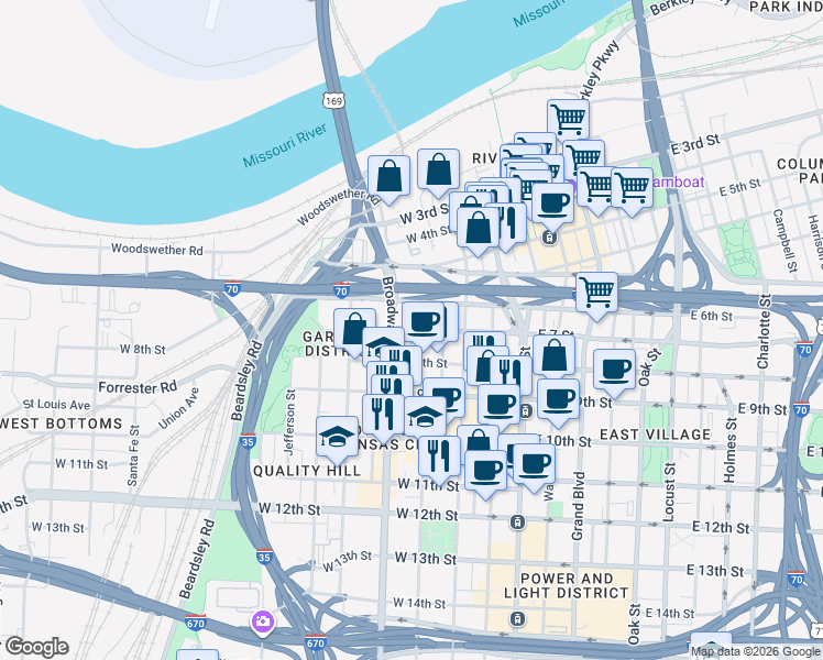 map of restaurants, bars, coffee shops, grocery stores, and more near W 7th St & May St in Kansas City