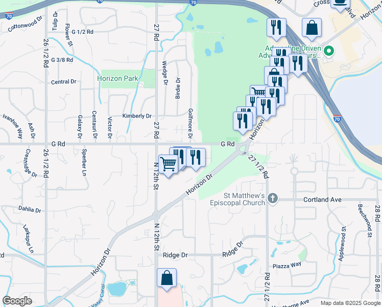 map of restaurants, bars, coffee shops, grocery stores, and more near 1419 Racquet Way in Grand Junction