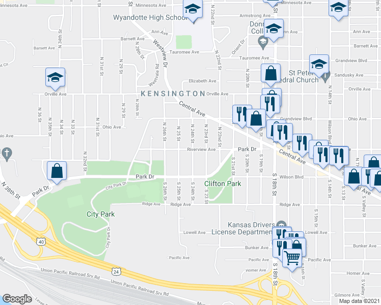 map of restaurants, bars, coffee shops, grocery stores, and more near 2401 Riverview Ave in Kansas City