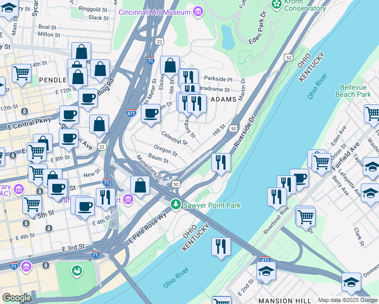 map of restaurants, bars, coffee shops, grocery stores, and more near 920 Riverview Place in Cincinnati