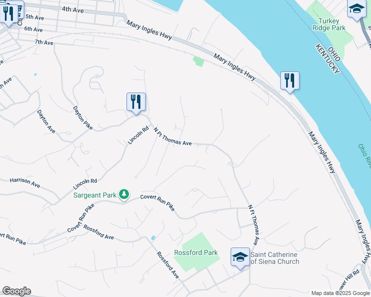 map of restaurants, bars, coffee shops, grocery stores, and more near 53 Covert Place in Fort Thomas