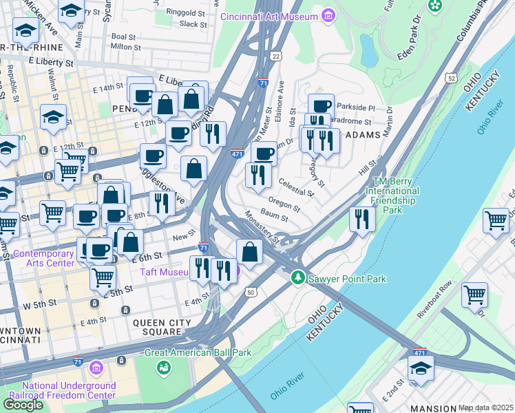 map of restaurants, bars, coffee shops, grocery stores, and more near 363 Kilgour Street in Cincinnati