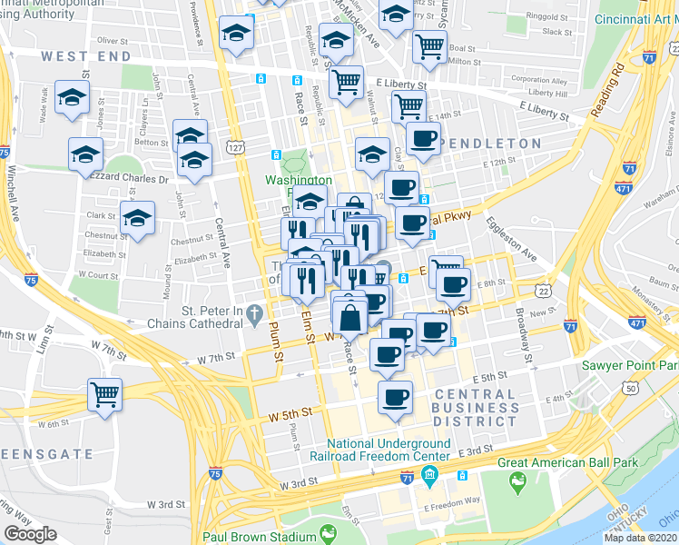 map of restaurants, bars, coffee shops, grocery stores, and more near 109 West 9th Street in Cincinnati