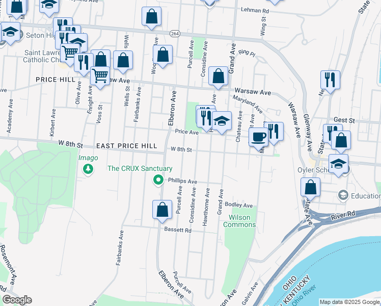 map of restaurants, bars, coffee shops, grocery stores, and more near 735 Considine Avenue in Cincinnati