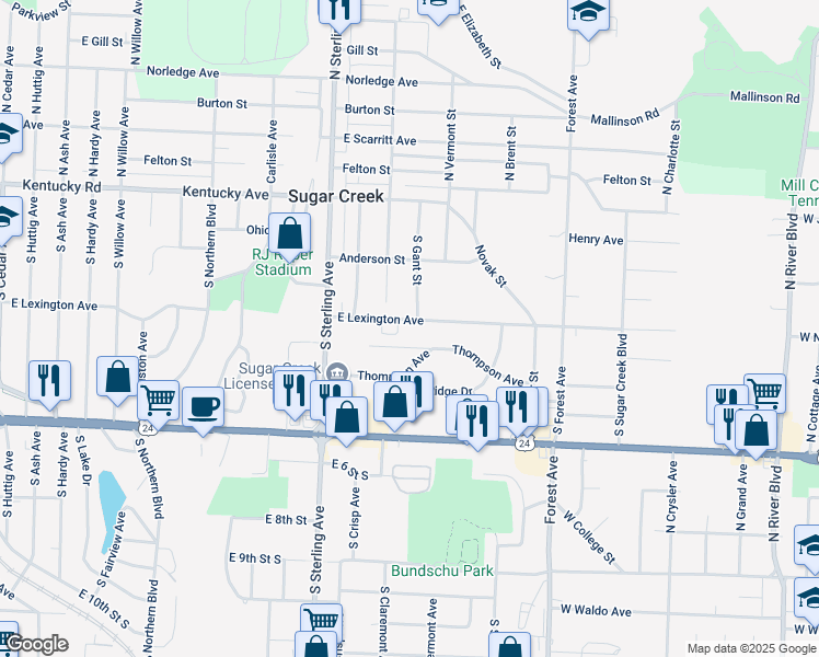 map of restaurants, bars, coffee shops, grocery stores, and more near 11306 Thompson Avenue in Sugar Creek