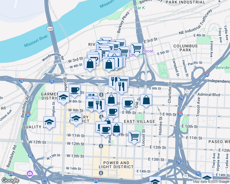 map of restaurants, bars, coffee shops, grocery stores, and more near in Kansas City
