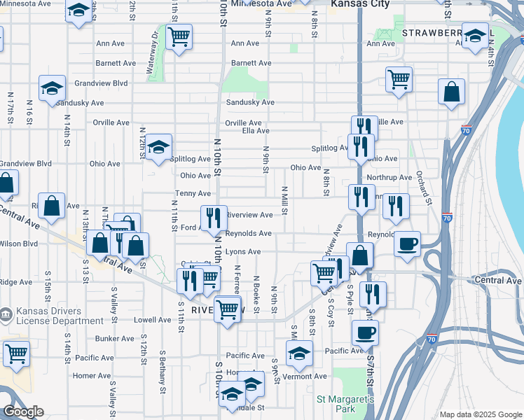 map of restaurants, bars, coffee shops, grocery stores, and more near 942 Reynolds Avenue in Kansas City