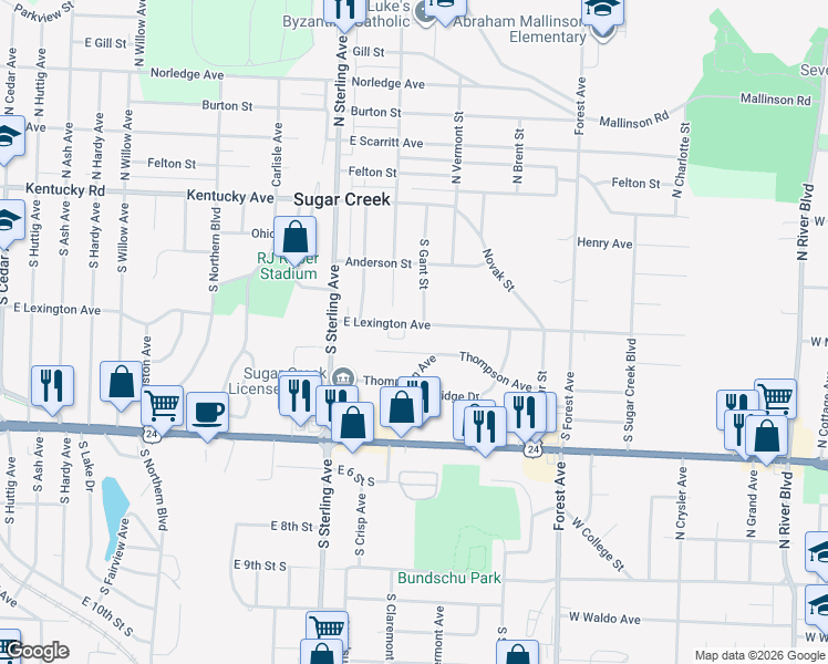 map of restaurants, bars, coffee shops, grocery stores, and more near 11306 Thompson Avenue in Sugar Creek
