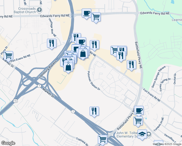 map of restaurants, bars, coffee shops, grocery stores, and more near 449 Andromeda Terrace Northeast in Leesburg