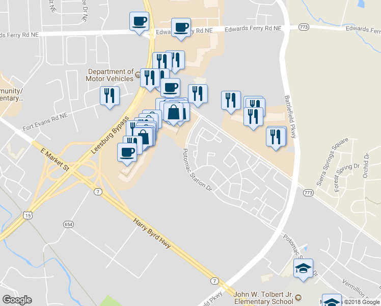 map of restaurants, bars, coffee shops, grocery stores, and more near 449 Andromeda Terrace Northeast in Leesburg