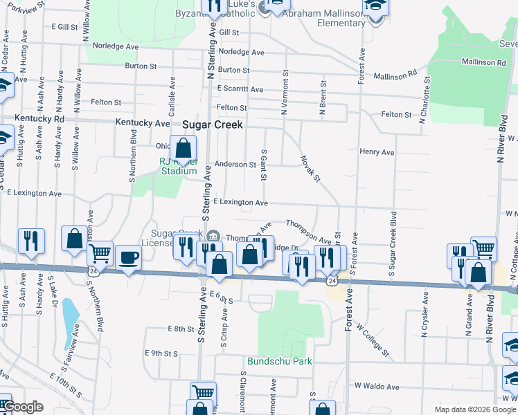 map of restaurants, bars, coffee shops, grocery stores, and more near 11306 Thompson Avenue in Sugar Creek