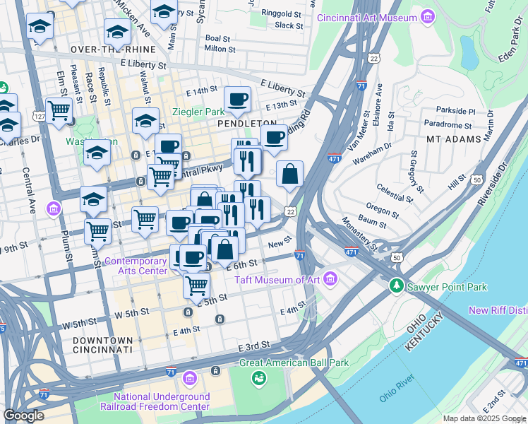 map of restaurants, bars, coffee shops, grocery stores, and more near 800 Broadway Street in Cincinnati