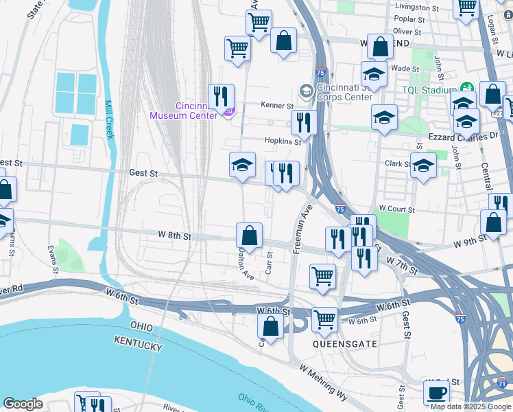 map of restaurants, bars, coffee shops, grocery stores, and more near in Cincinnati