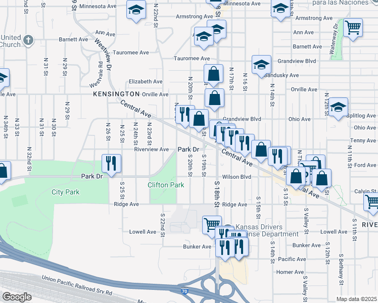 map of restaurants, bars, coffee shops, grocery stores, and more near 2 South 20th Street in Kansas City