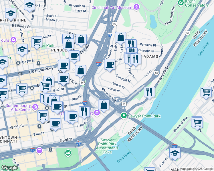 map of restaurants, bars, coffee shops, grocery stores, and more near 390 Baum Street in Cincinnati