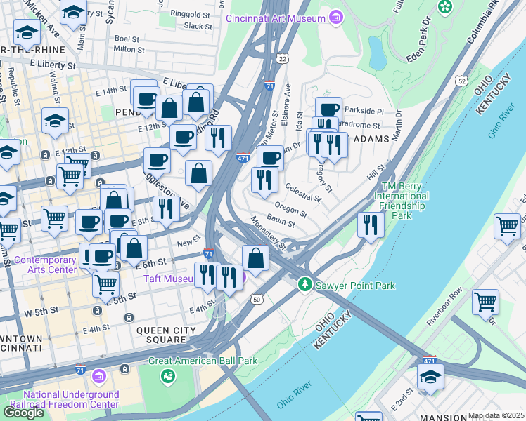 map of restaurants, bars, coffee shops, grocery stores, and more near 390 Baum Street in Cincinnati
