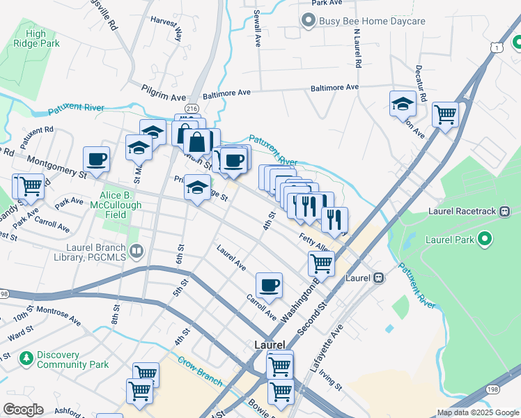 map of restaurants, bars, coffee shops, grocery stores, and more near 410 Main Street in Laurel