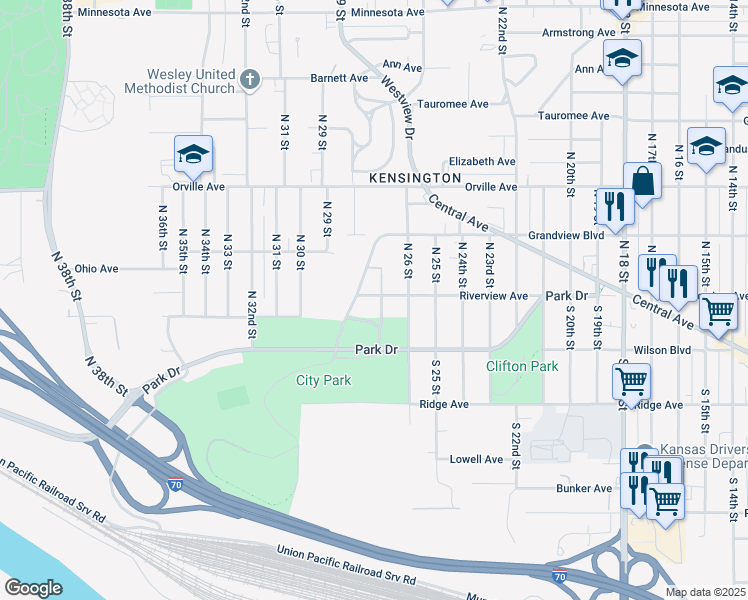 map of restaurants, bars, coffee shops, grocery stores, and more near 2659 Grandview Boulevard in Kansas City