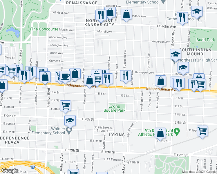 map of restaurants, bars, coffee shops, grocery stores, and more near 3777 E Independence Ave in Kansas City