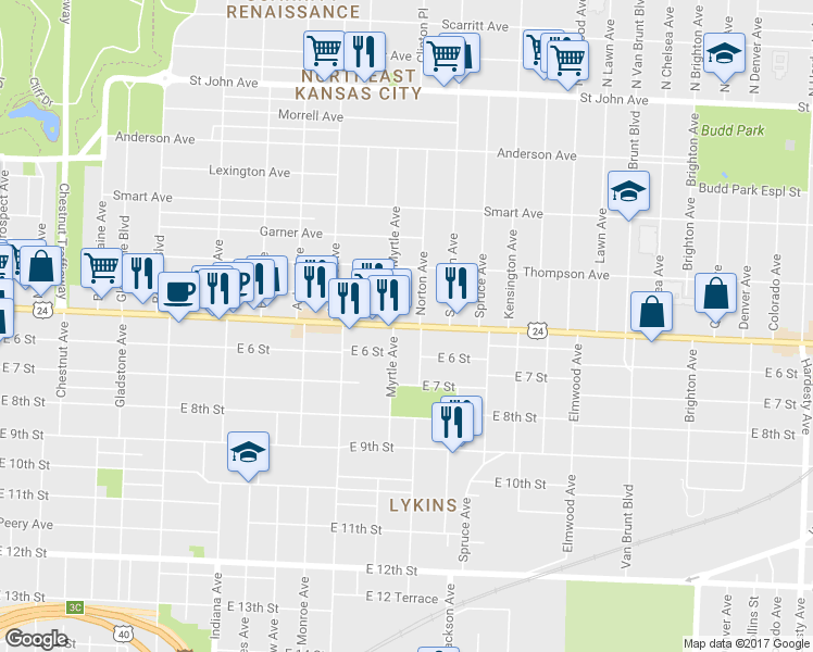 map of restaurants, bars, coffee shops, grocery stores, and more near 4000 Independence Avenue in Kansas City