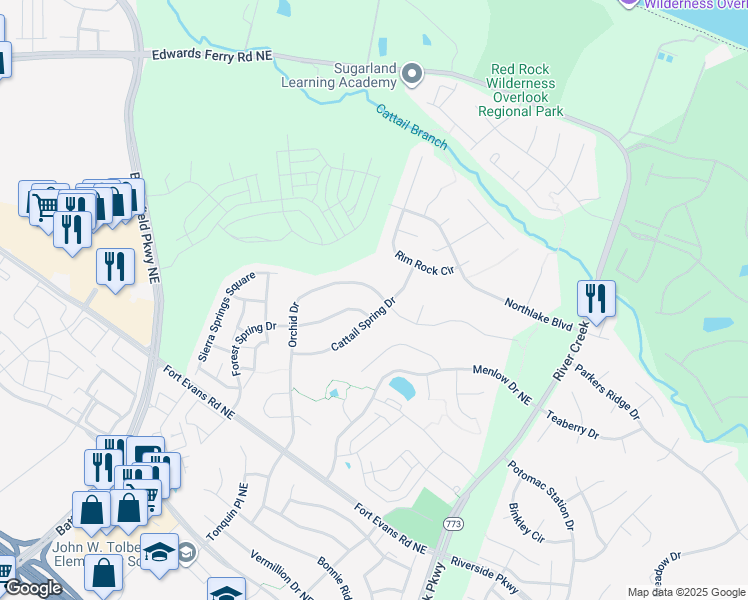 map of restaurants, bars, coffee shops, grocery stores, and more near 18454 Orchid Drive in Leesburg