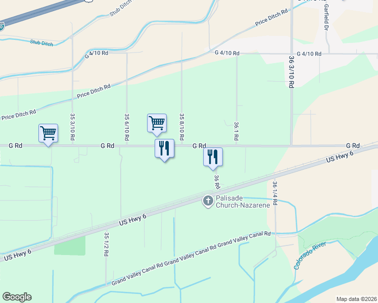 map of restaurants, bars, coffee shops, grocery stores, and more near 3588 G Road in Palisade