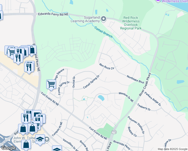 map of restaurants, bars, coffee shops, grocery stores, and more near 18454 Orchid Drive in Leesburg