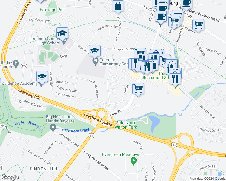 map of restaurants, bars, coffee shops, grocery stores, and more near 220 Natural Terrace in Leesburg
