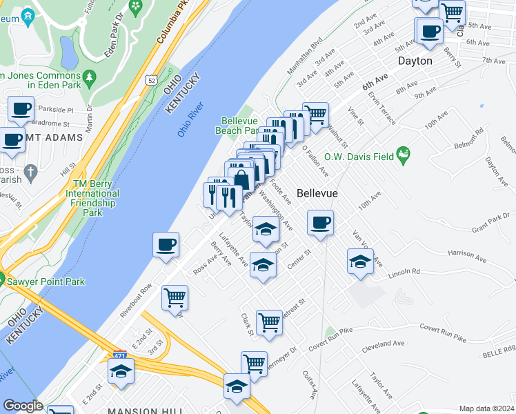 map of restaurants, bars, coffee shops, grocery stores, and more near 334 Fairfield Avenue in Bellevue