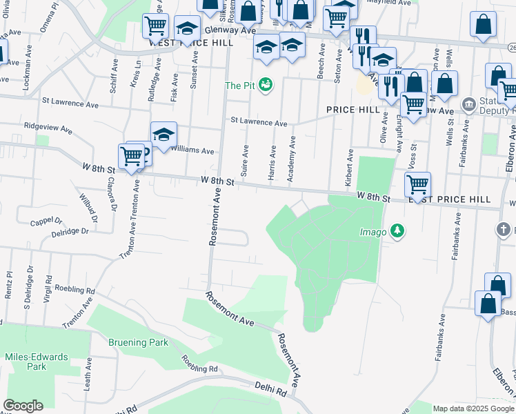 map of restaurants, bars, coffee shops, grocery stores, and more near 3951 West 8th Street in Cincinnati