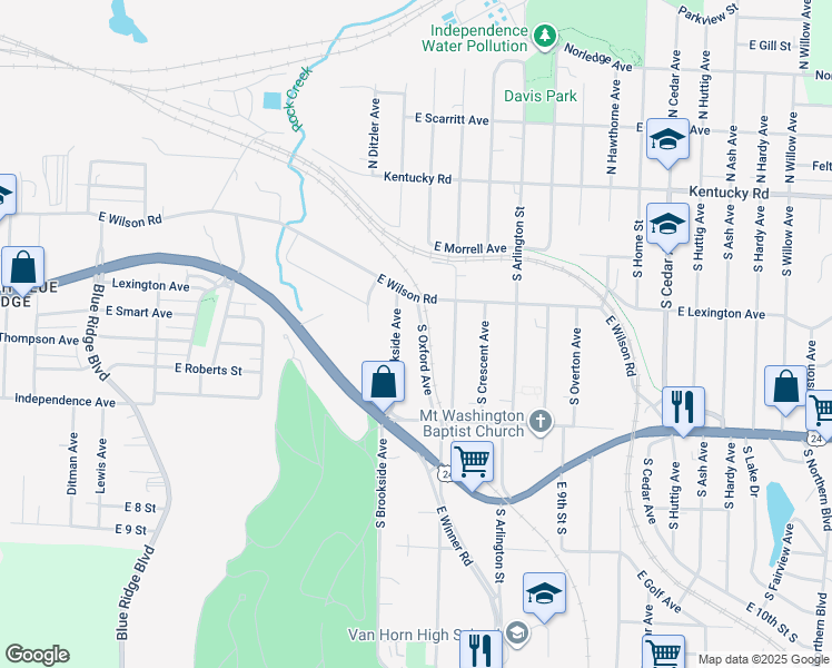 map of restaurants, bars, coffee shops, grocery stores, and more near 9325 East Wilson Road in Independence