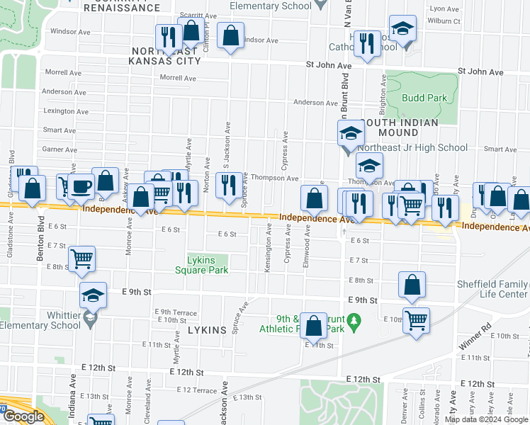 map of restaurants, bars, coffee shops, grocery stores, and more near 4402 Independence Avenue in Kansas City
