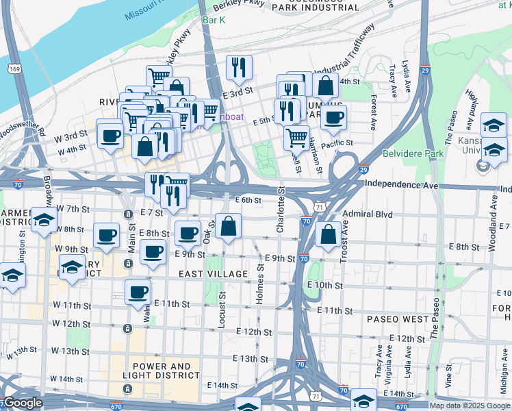 map of restaurants, bars, coffee shops, grocery stores, and more near 531 Holmes Street in Kansas City