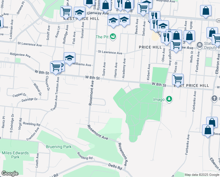 map of restaurants, bars, coffee shops, grocery stores, and more near 3951 West 8th Street in Cincinnati