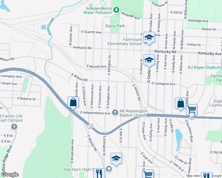 map of restaurants, bars, coffee shops, grocery stores, and more near 519 South Arlington Avenue in Independence