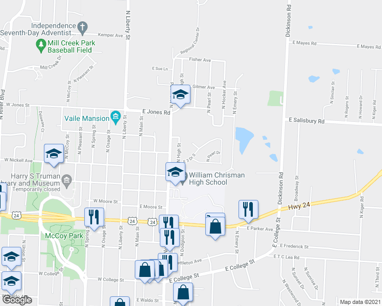 map of restaurants, bars, coffee shops, grocery stores, and more near 218 East 3 Drive South in Independence