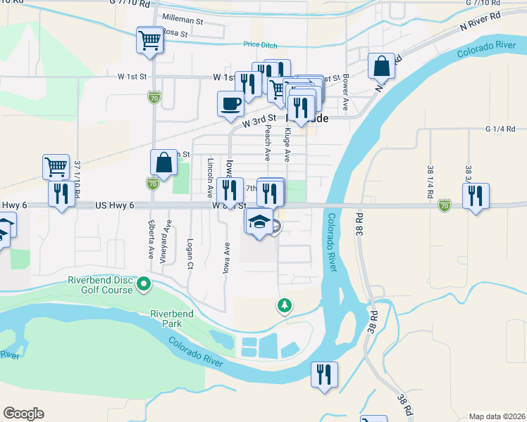 map of restaurants, bars, coffee shops, grocery stores, and more near 316-350 W 8th St in Palisade