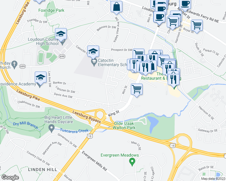 map of restaurants, bars, coffee shops, grocery stores, and more near Natural Terrace in Leesburg