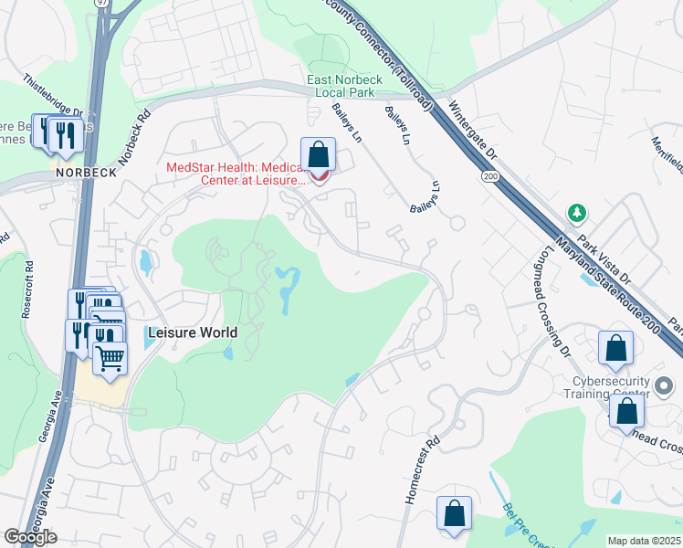 map of restaurants, bars, coffee shops, grocery stores, and more near 3100 North Leisure World Boulevard in Silver Spring