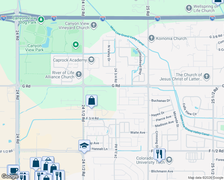 map of restaurants, bars, coffee shops, grocery stores, and more near 2473 G Road in Grand Junction